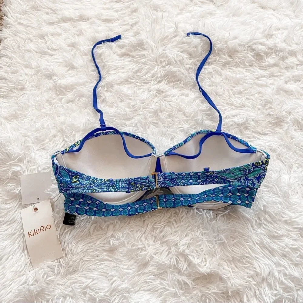 KikiRio Blue Boho Floral Print Joey Demi Bandeau Top; SZ 34C/36B; BNWT